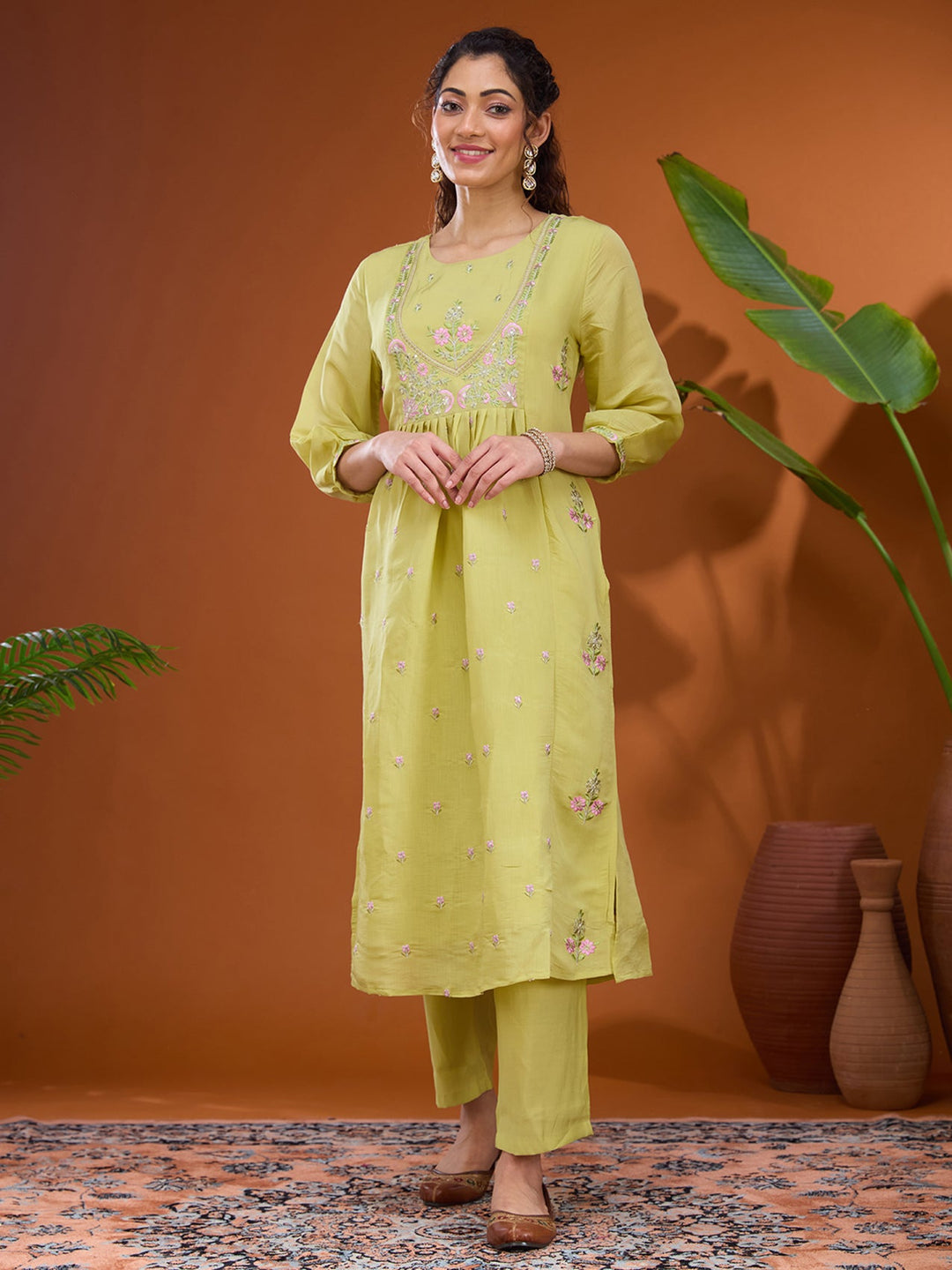 Pista Green Threadwork Chanderi Readymade Salwar Suit