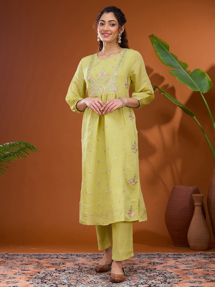 Pista Green Threadwork Chanderi Readymade Salwar Suit