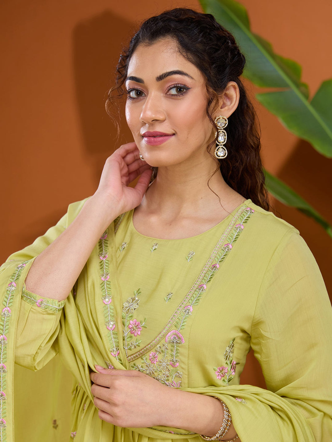 Pista Green Threadwork Chanderi Readymade Salwar Suit