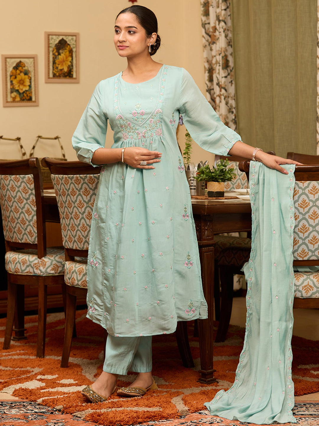 Sky Blue Threadwork Chanderi Readymade Salwar Suit