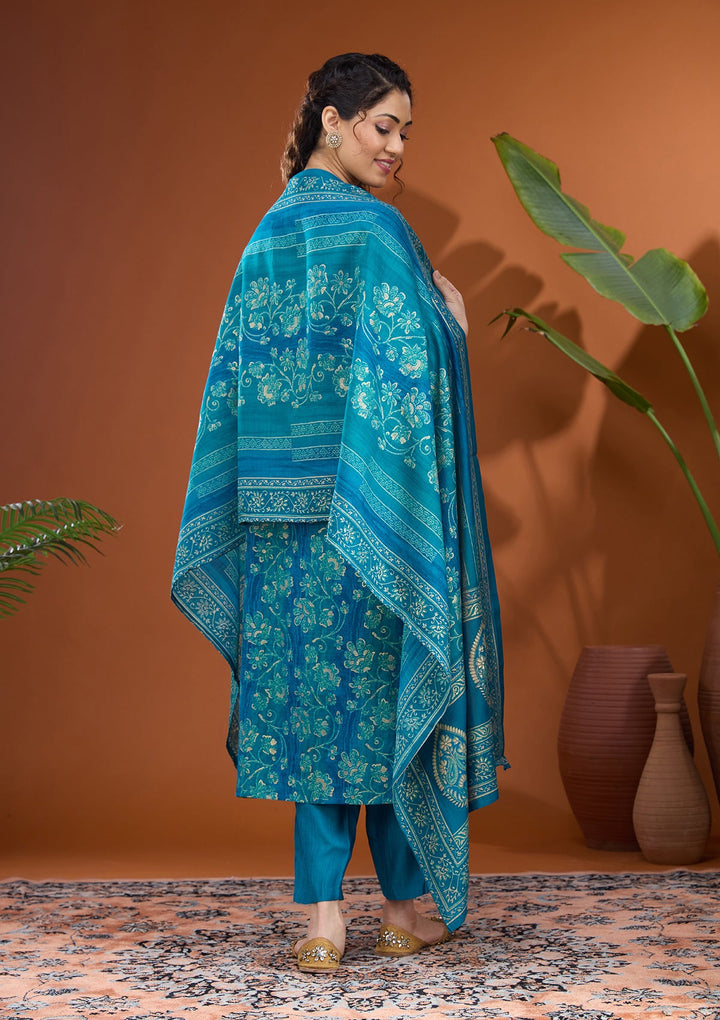 Blue Threadwork Chanderi Readymade Salwar Suit
