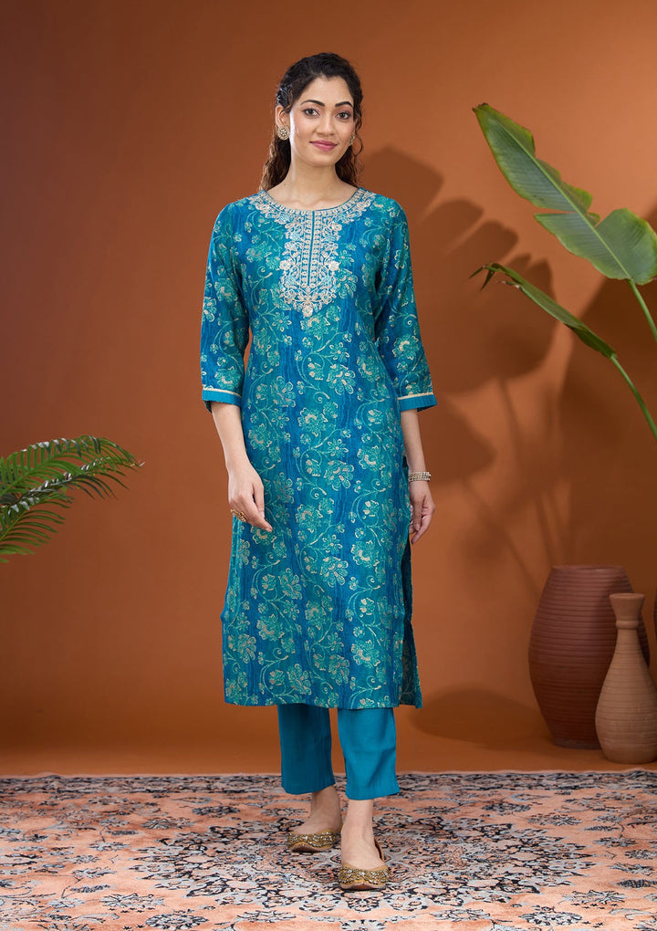 Blue Threadwork Chanderi Readymade Salwar Suit