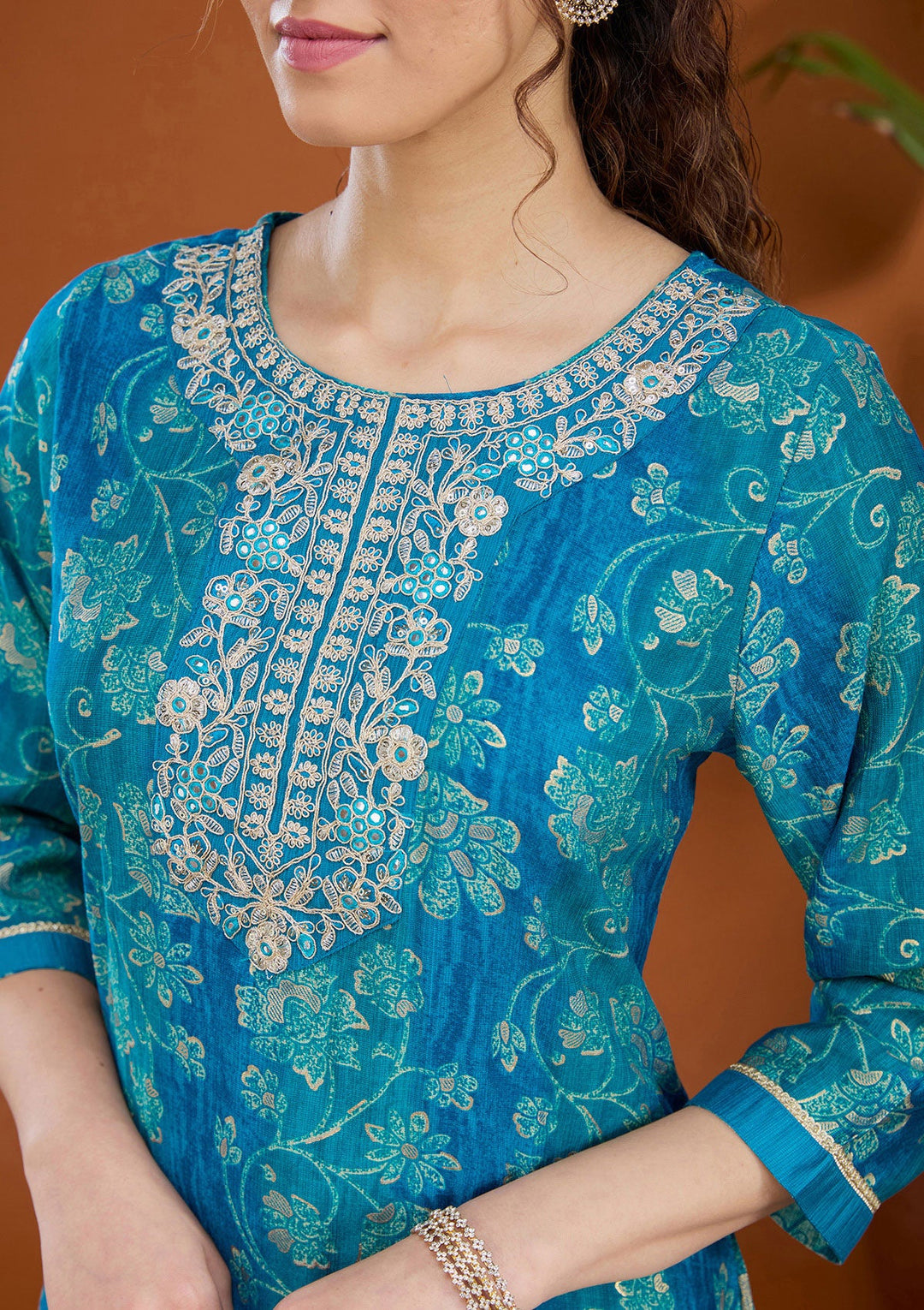 Blue Threadwork Chanderi Readymade Salwar Suit