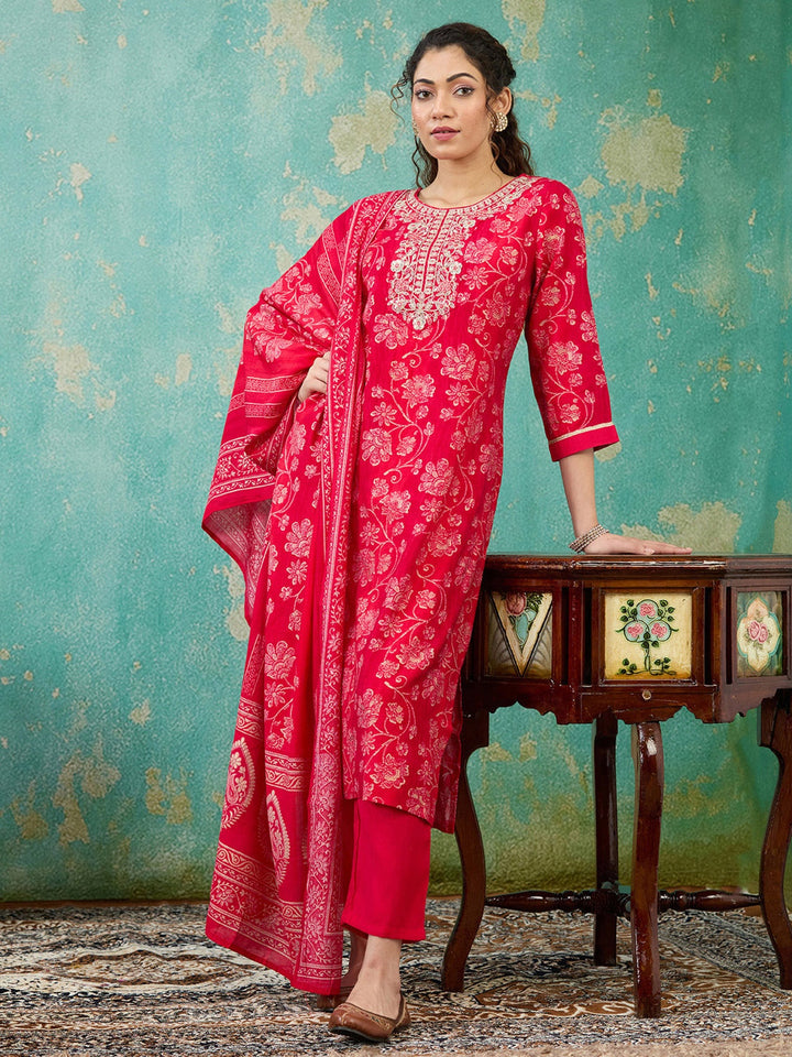 Rani Pink Threadwork Chanderi Readymade Salwar Suit