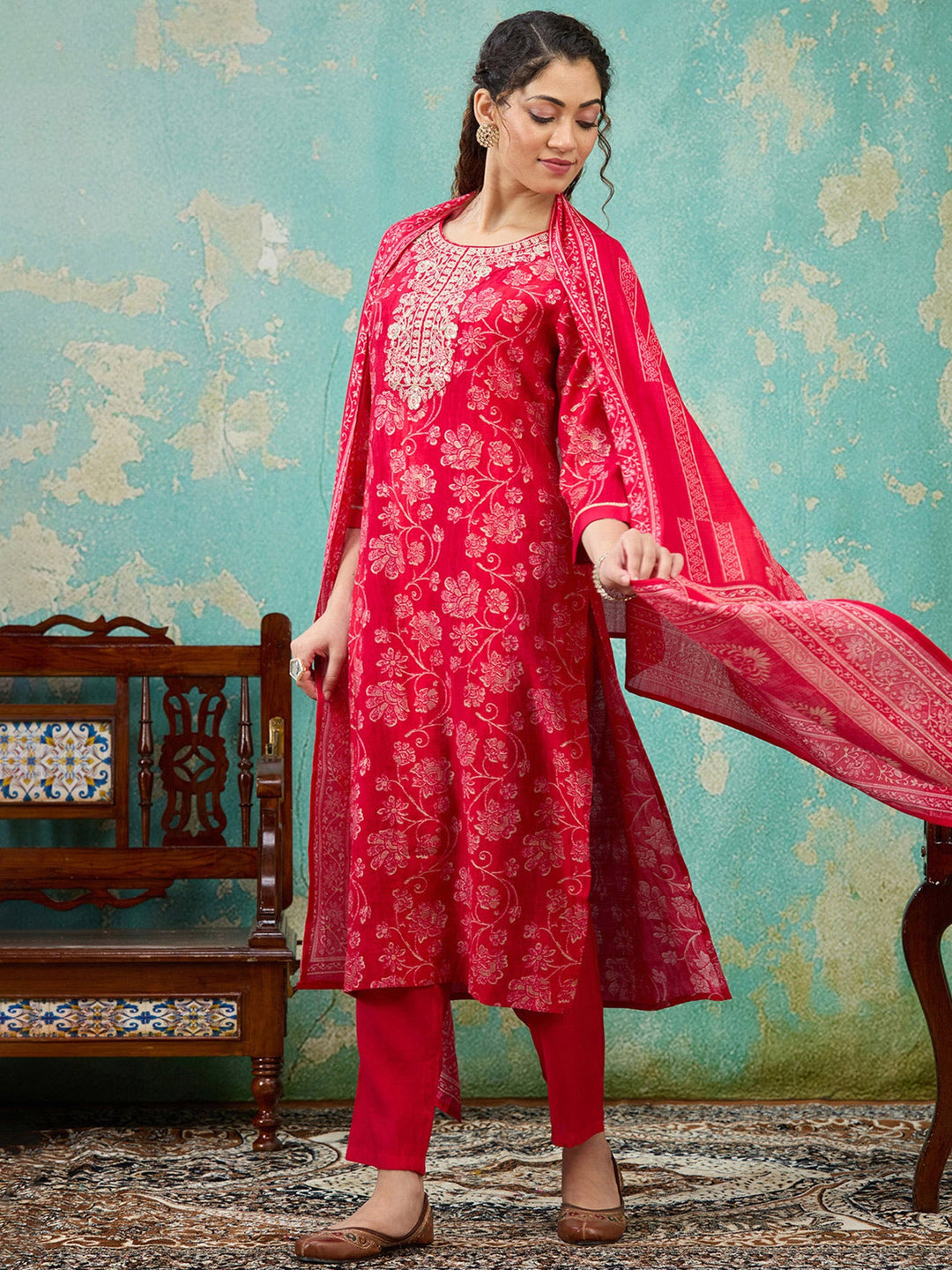 Rani Pink Threadwork Chanderi Readymade Salwar Suit