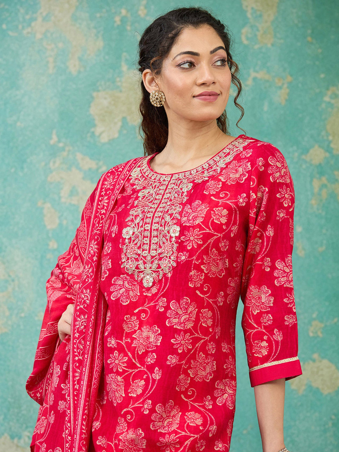 Rani Pink Threadwork Chanderi Readymade Salwar Suit