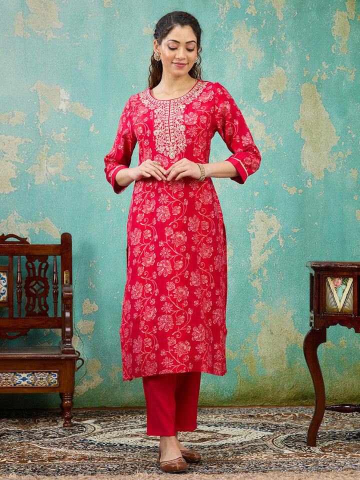 Rani Pink Threadwork Chanderi Readymade Salwar Suit