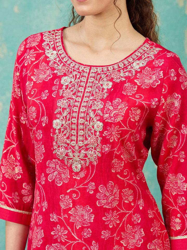 Rani Pink Threadwork Chanderi Readymade Salwar Suit