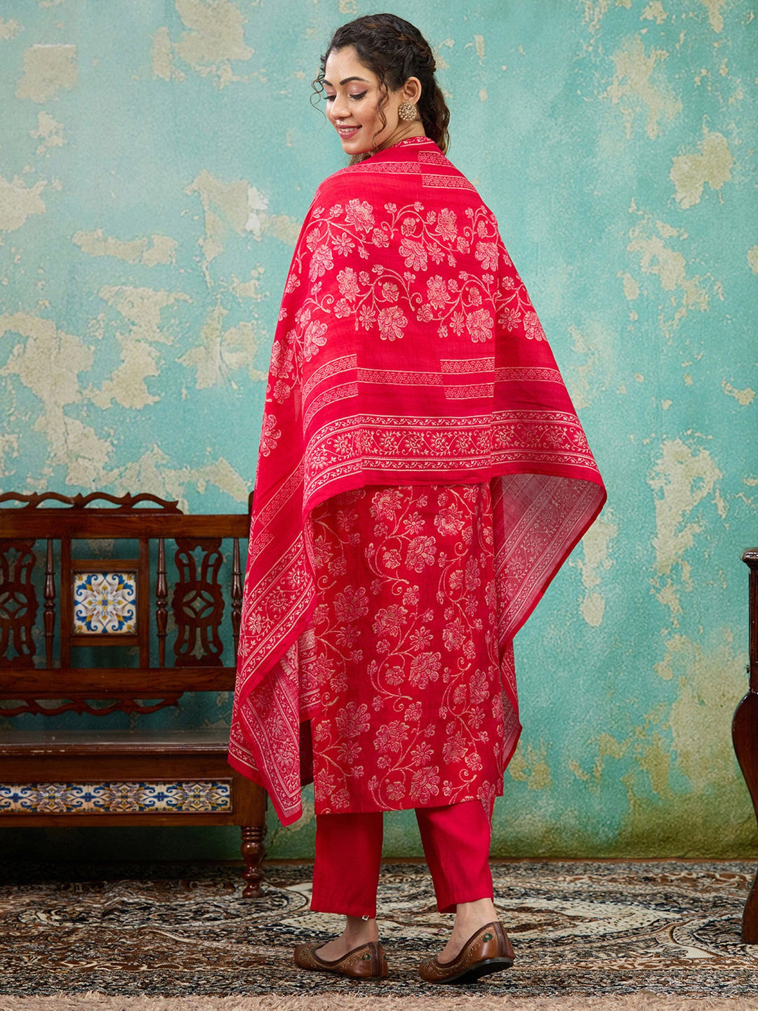 Rani Pink Threadwork Chanderi Readymade Salwar Suit