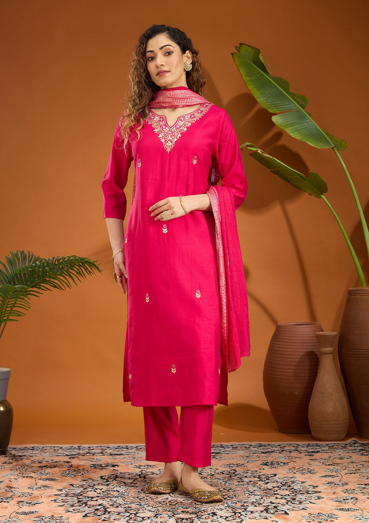 Pink Threadwork Chanderi Readymade Salwar Suit