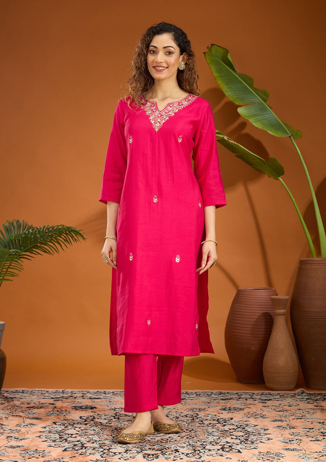 Pink Threadwork Chanderi Readymade Salwar Suit