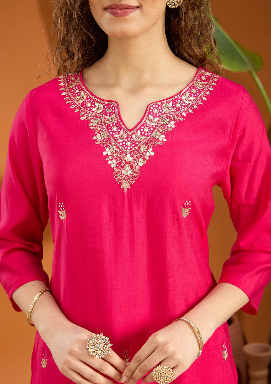 Pink Threadwork Chanderi Readymade Salwar Suit