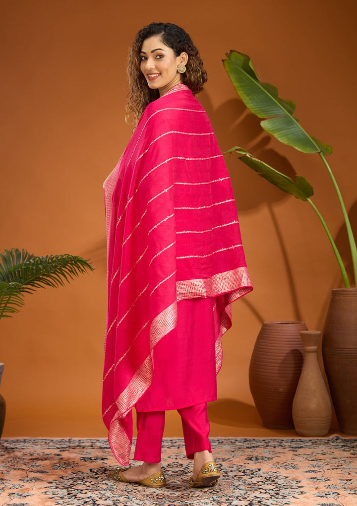 Pink Threadwork Chanderi Readymade Salwar Suit