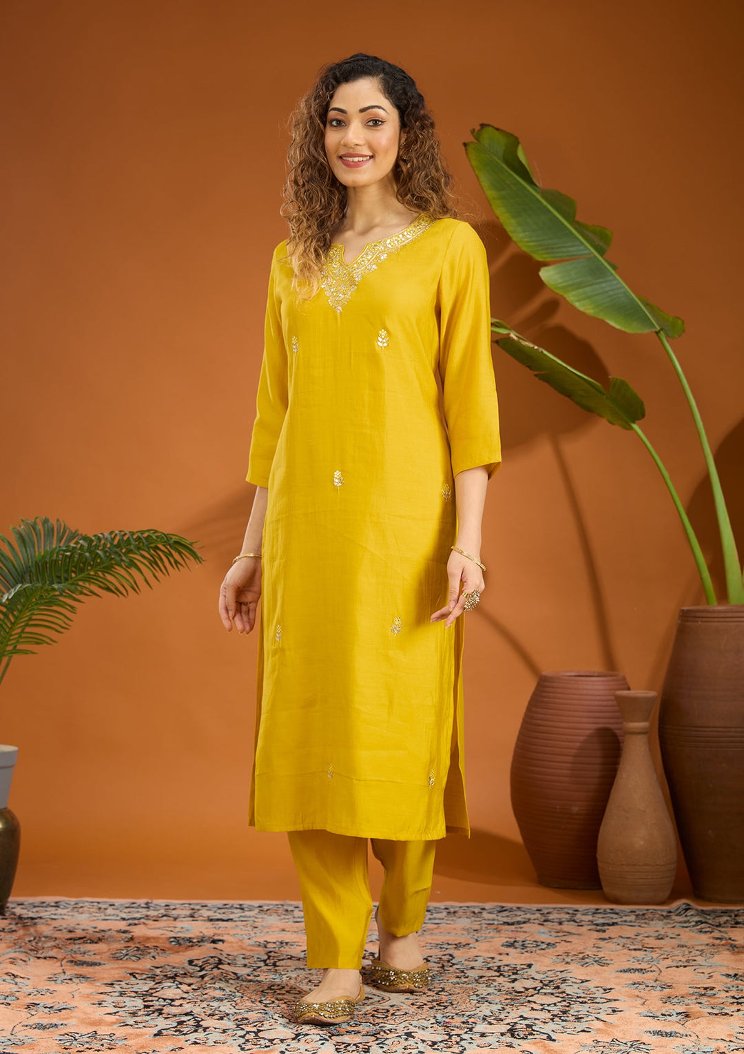 Yellow Zariwork Soft Raw Silk Readymade Salwar Suit