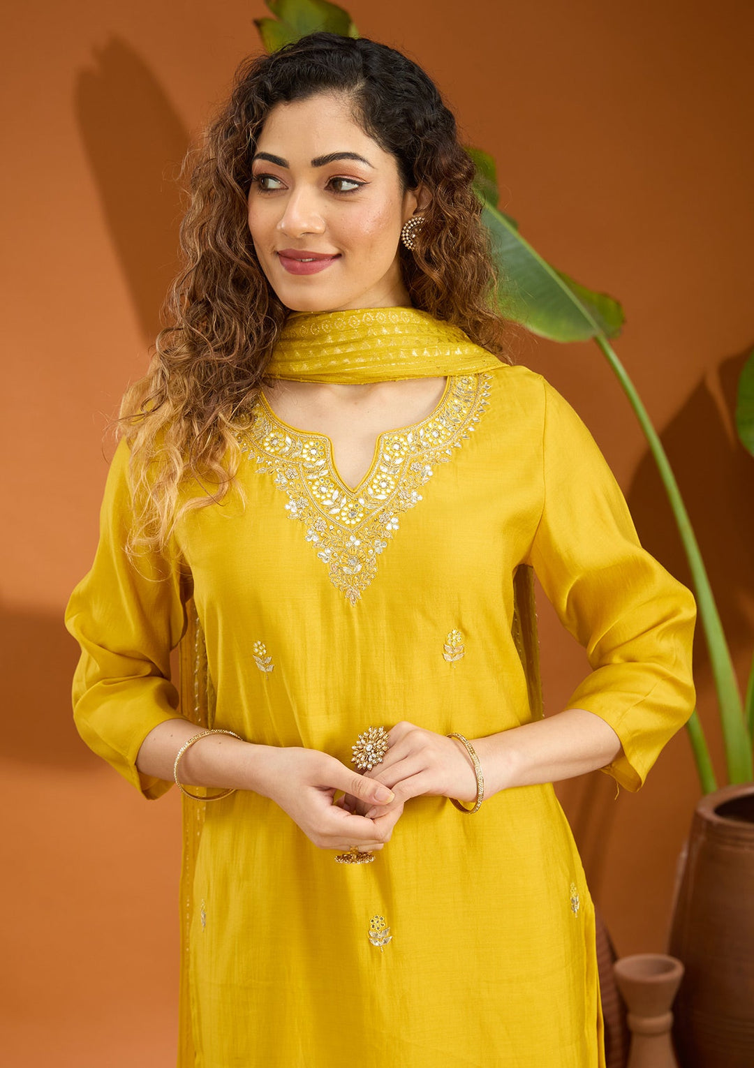 Yellow Zariwork Soft Raw Silk Readymade Salwar Suit
