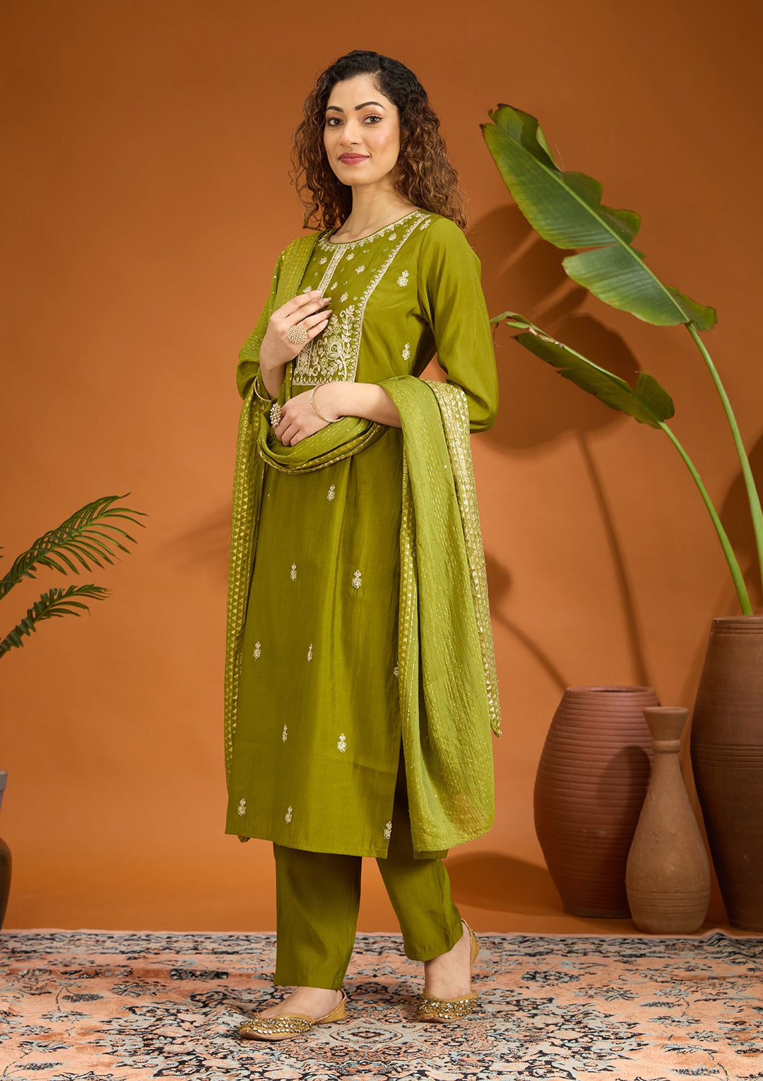 Mehandi Green Cutdana Chanderi Readymade Salwar Suit