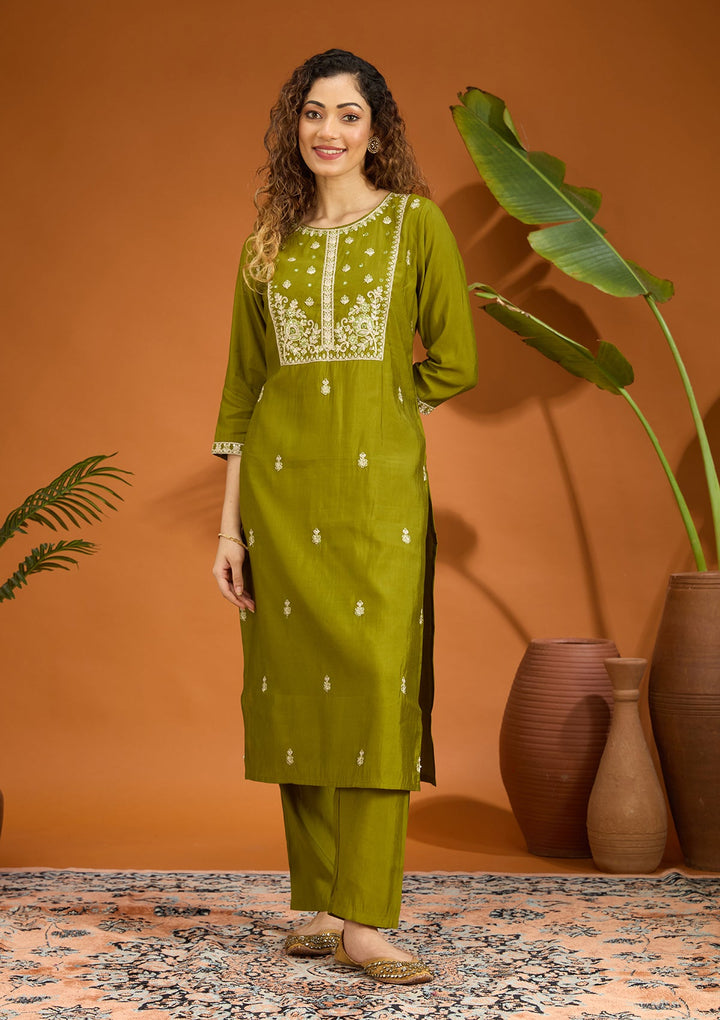 Mehandi Green Cutdana Chanderi Readymade Salwar Suit