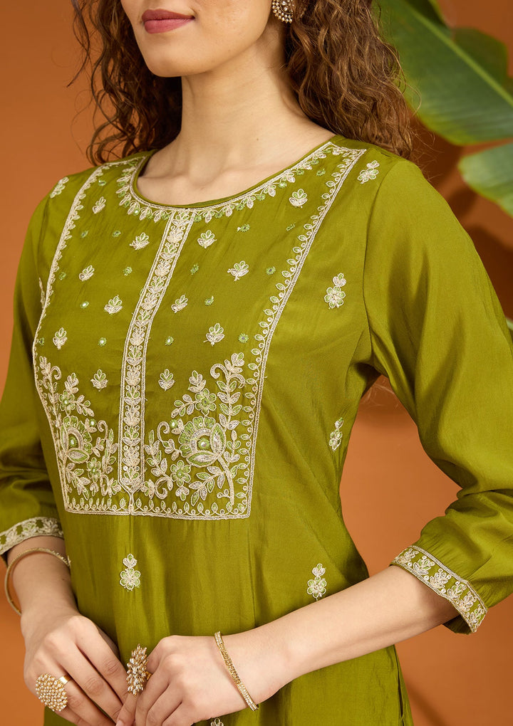 Mehandi Green Cutdana Chanderi Readymade Salwar Suit
