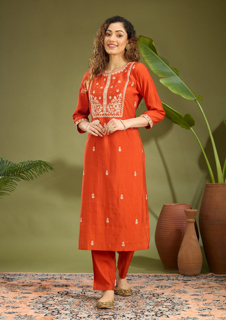 Rust Cutdana Chanderi Readymade Salwar Suit