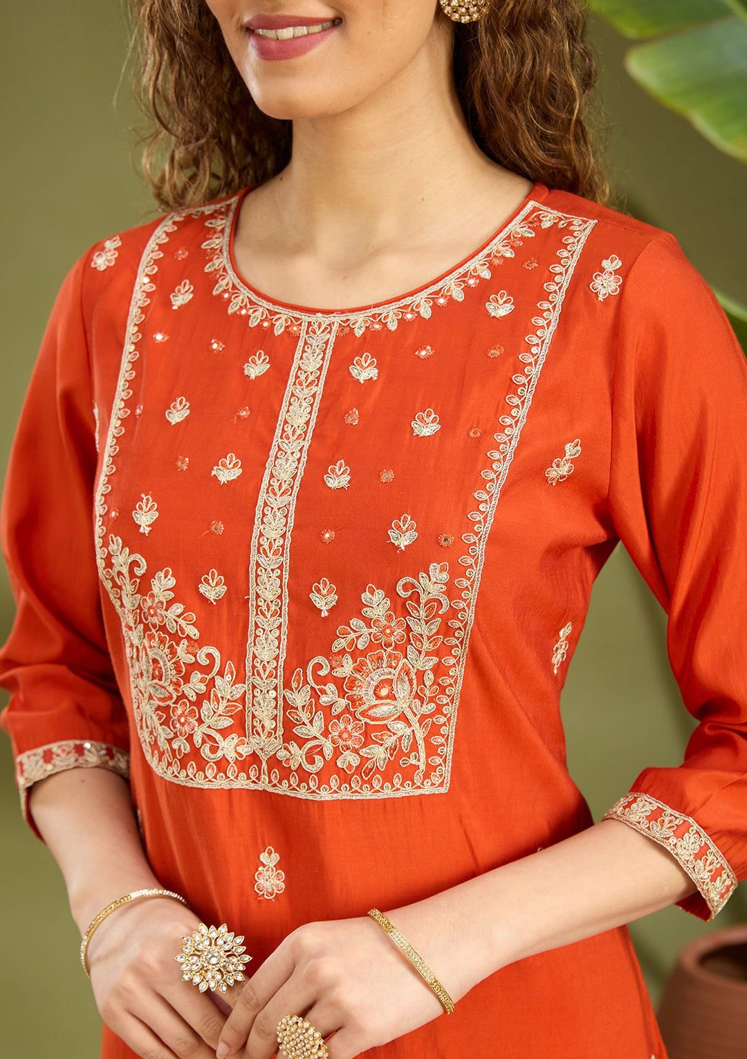 Rust Cutdana Chanderi Readymade Salwar Suit