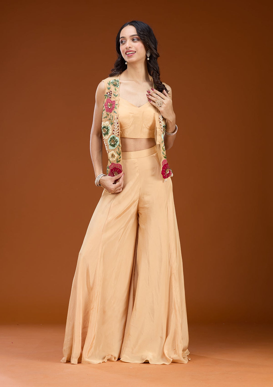 Beige Threadwork Georgette Readymade Salwar Suit