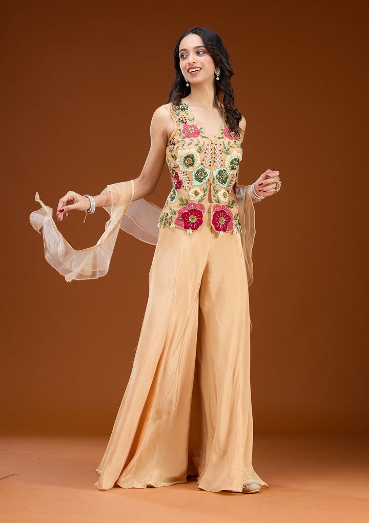 Beige Threadwork Georgette Readymade Salwar Suit