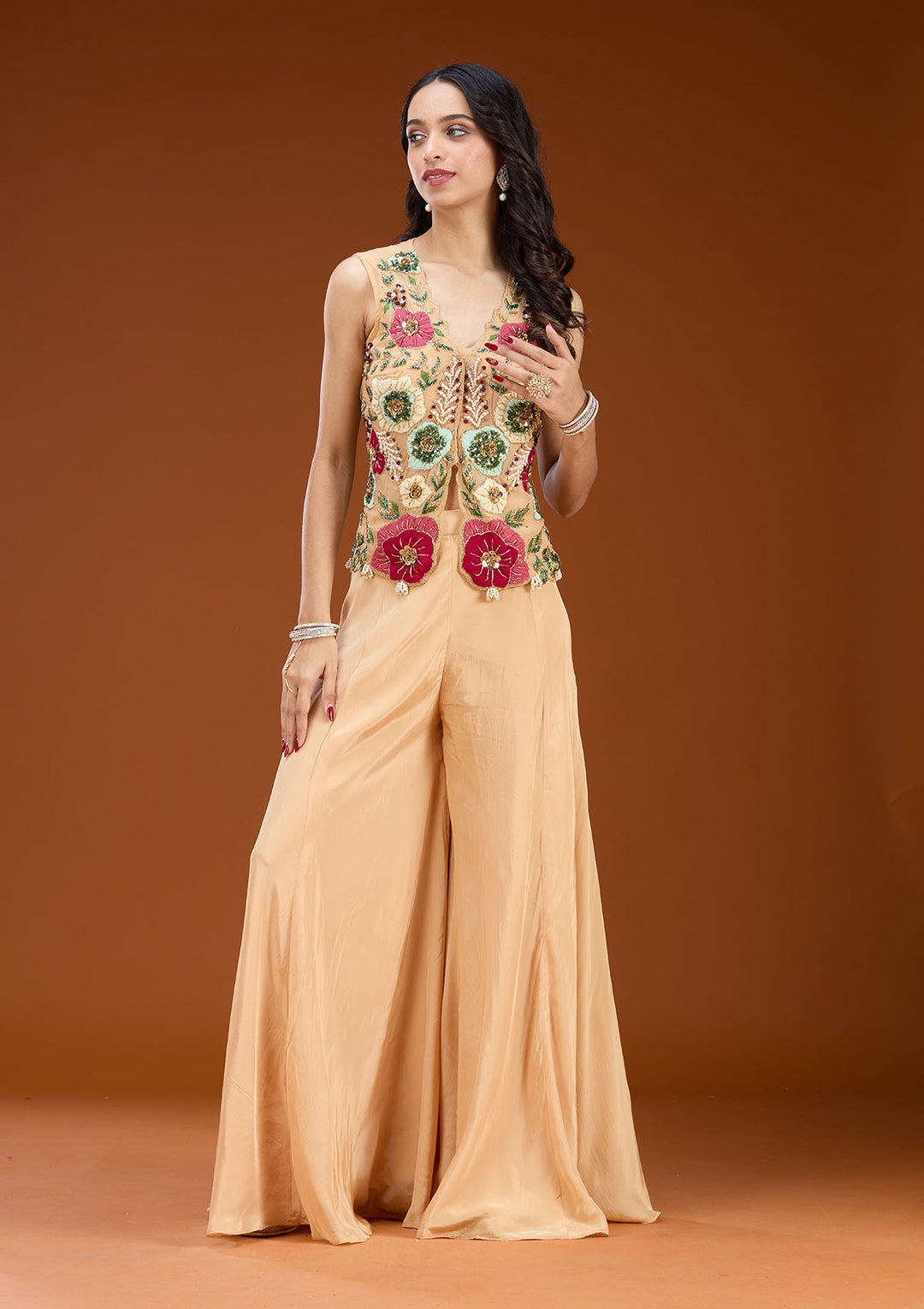 Beige Threadwork Georgette Readymade Salwar Suit