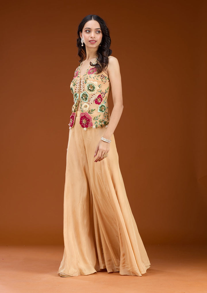 Beige Threadwork Georgette Readymade Salwar Suit