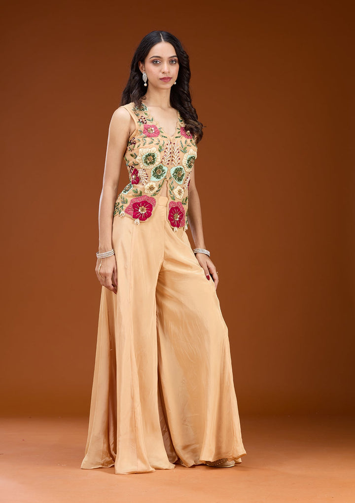 Beige Threadwork Georgette Readymade Salwar Suit