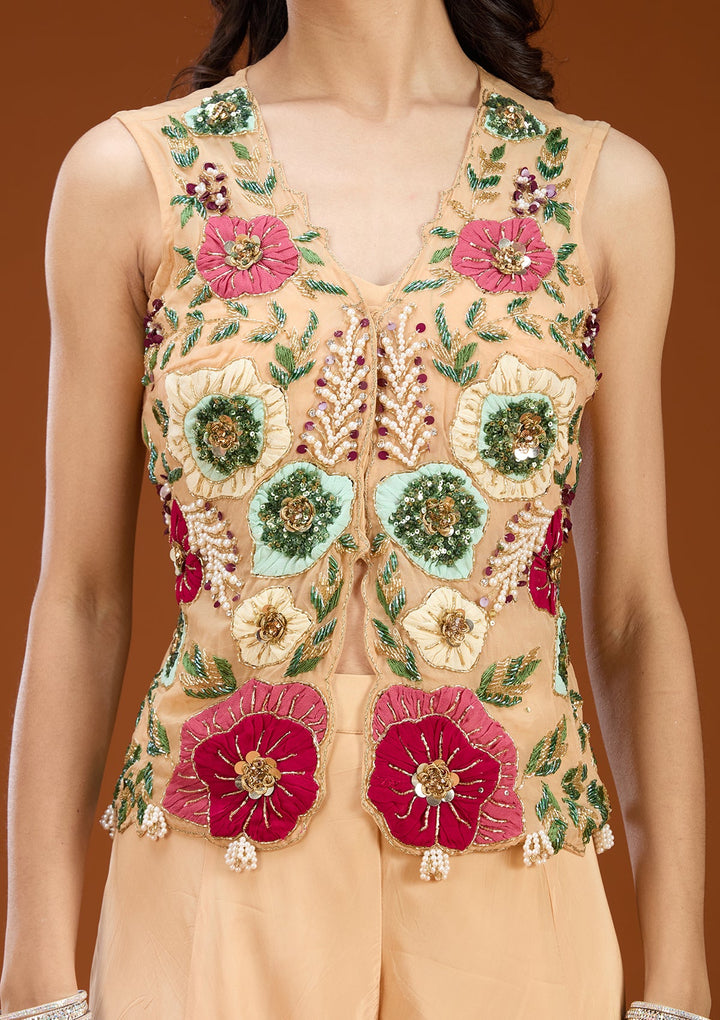 Beige Threadwork Georgette Readymade Salwar Suit