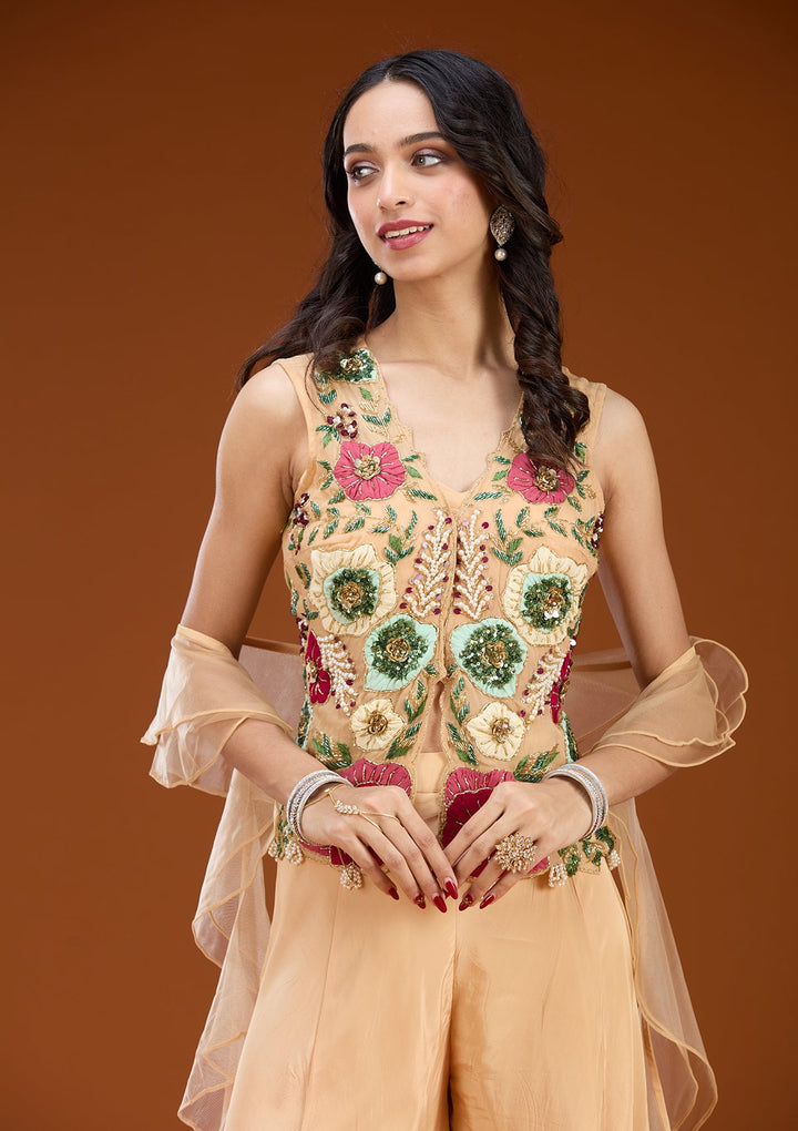 Beige Threadwork Georgette Readymade Salwar Suit