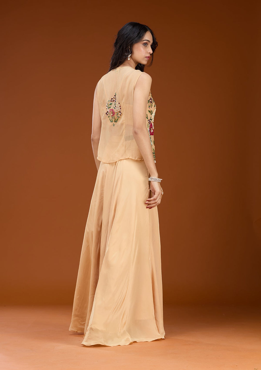 Beige Threadwork Georgette Readymade Salwar Suit