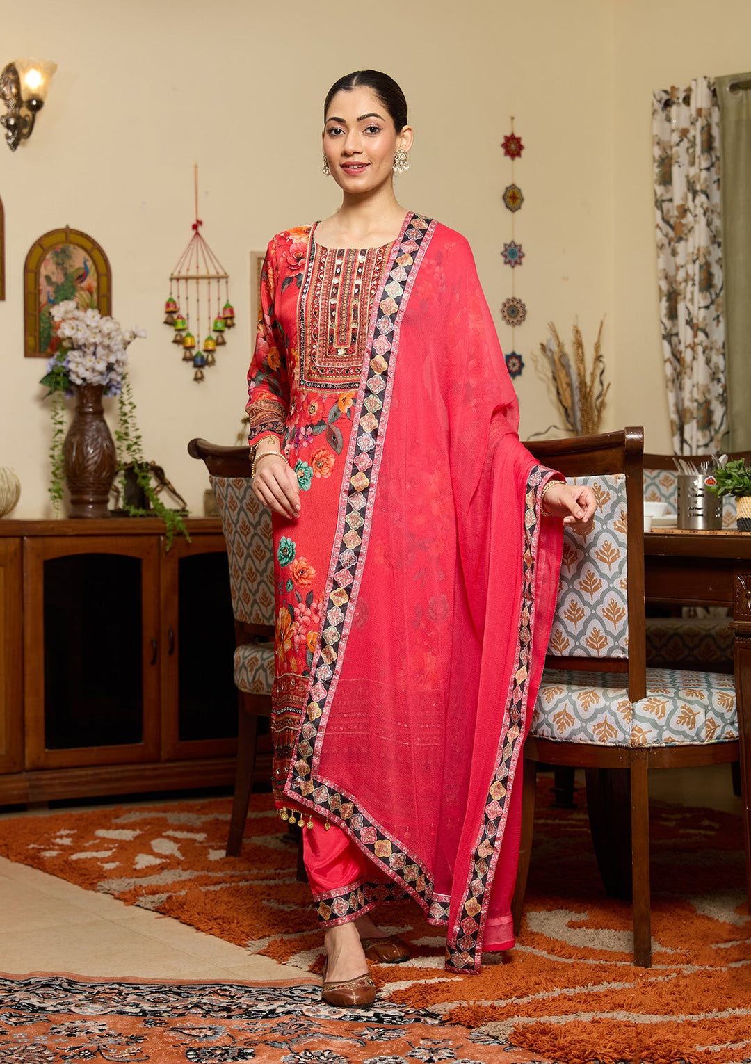 Red Mirrorwork Crepe Readymade Salwar Suit