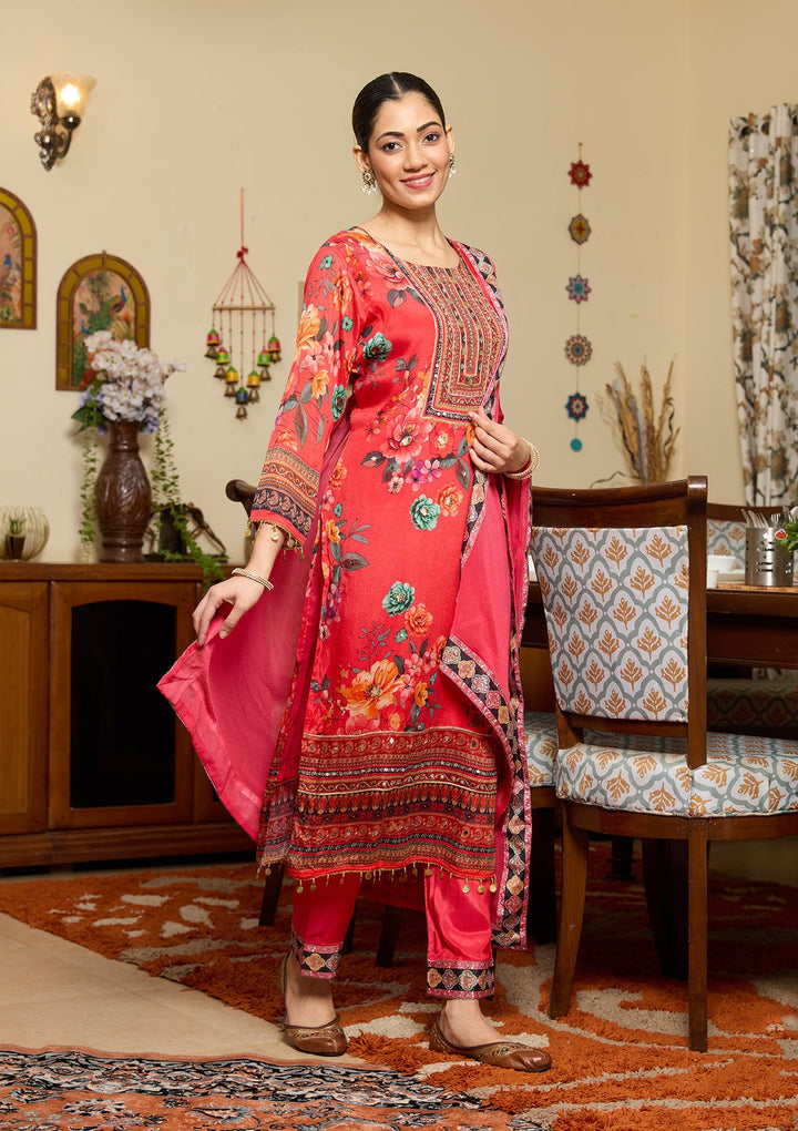 Red Mirrorwork Crepe Readymade Salwar Suit