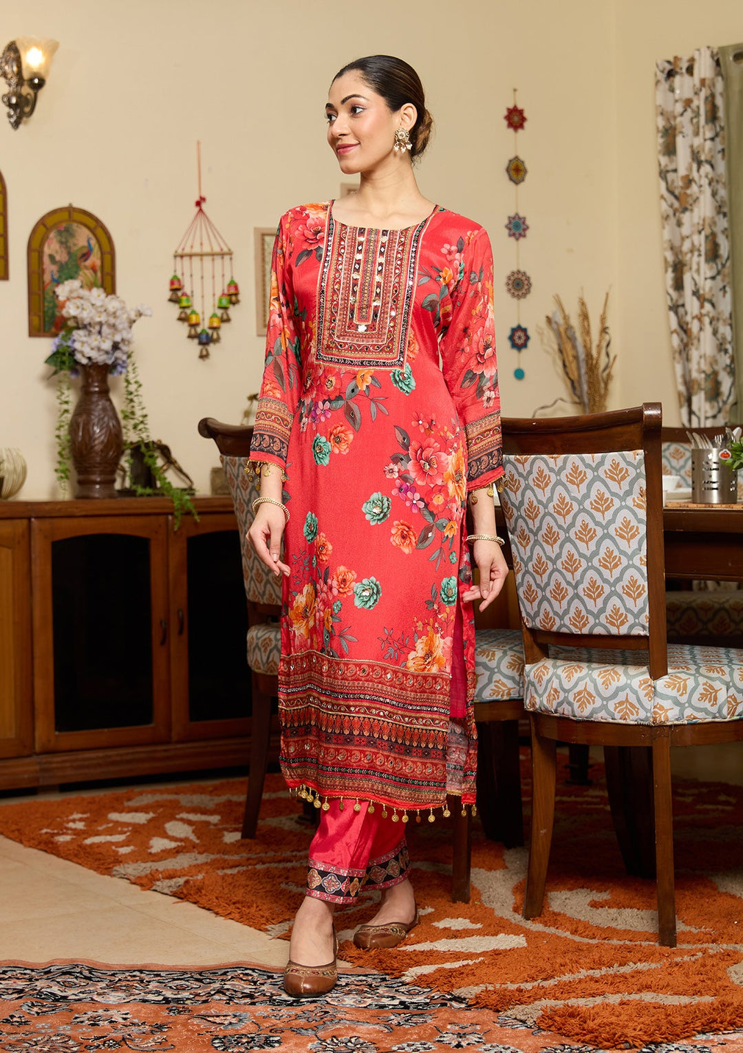Red Mirrorwork Crepe Readymade Salwar Suit
