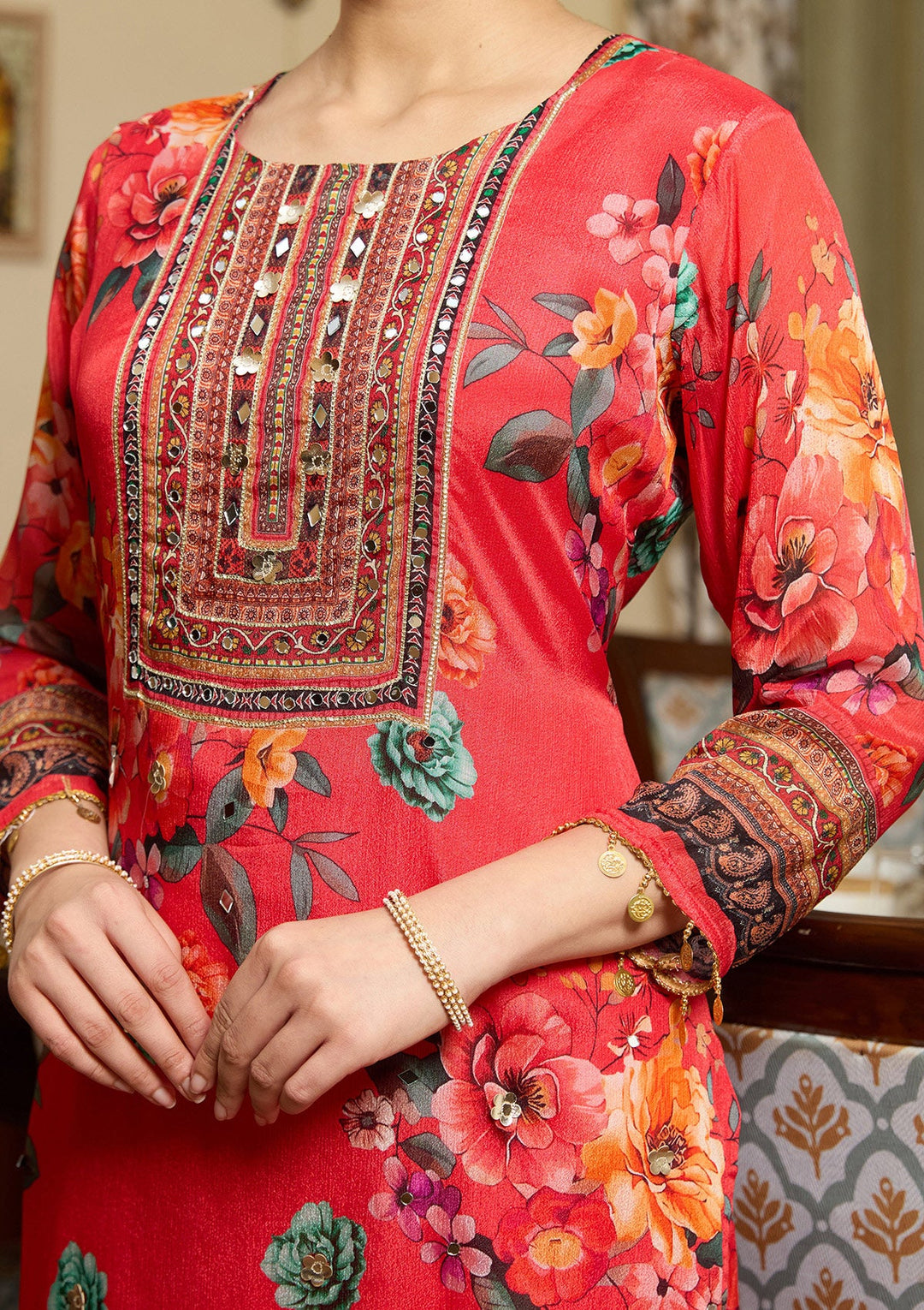 Red Mirrorwork Crepe Readymade Salwar Suit