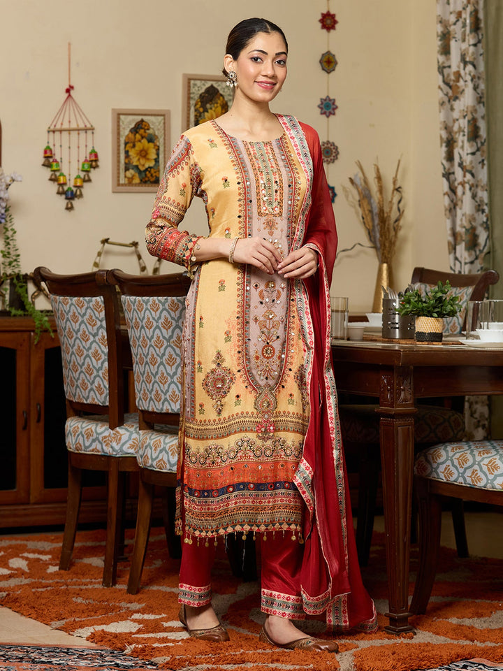 Yellow Mirrorwork Crepe Readymade Salwar Suit