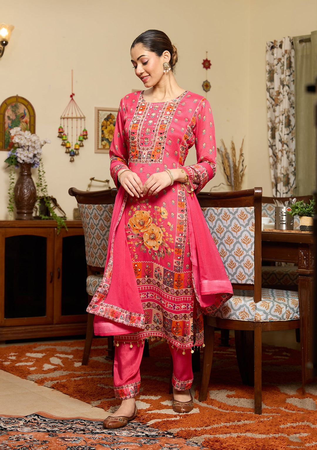 Rani Pink Mirrorwork Crepe Readymade Salwar Suit