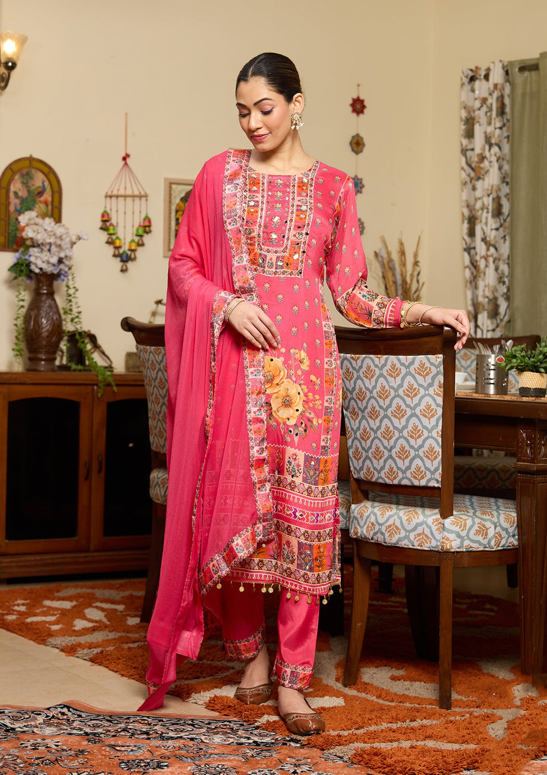 Rani Pink Mirrorwork Crepe Readymade Salwar Suit