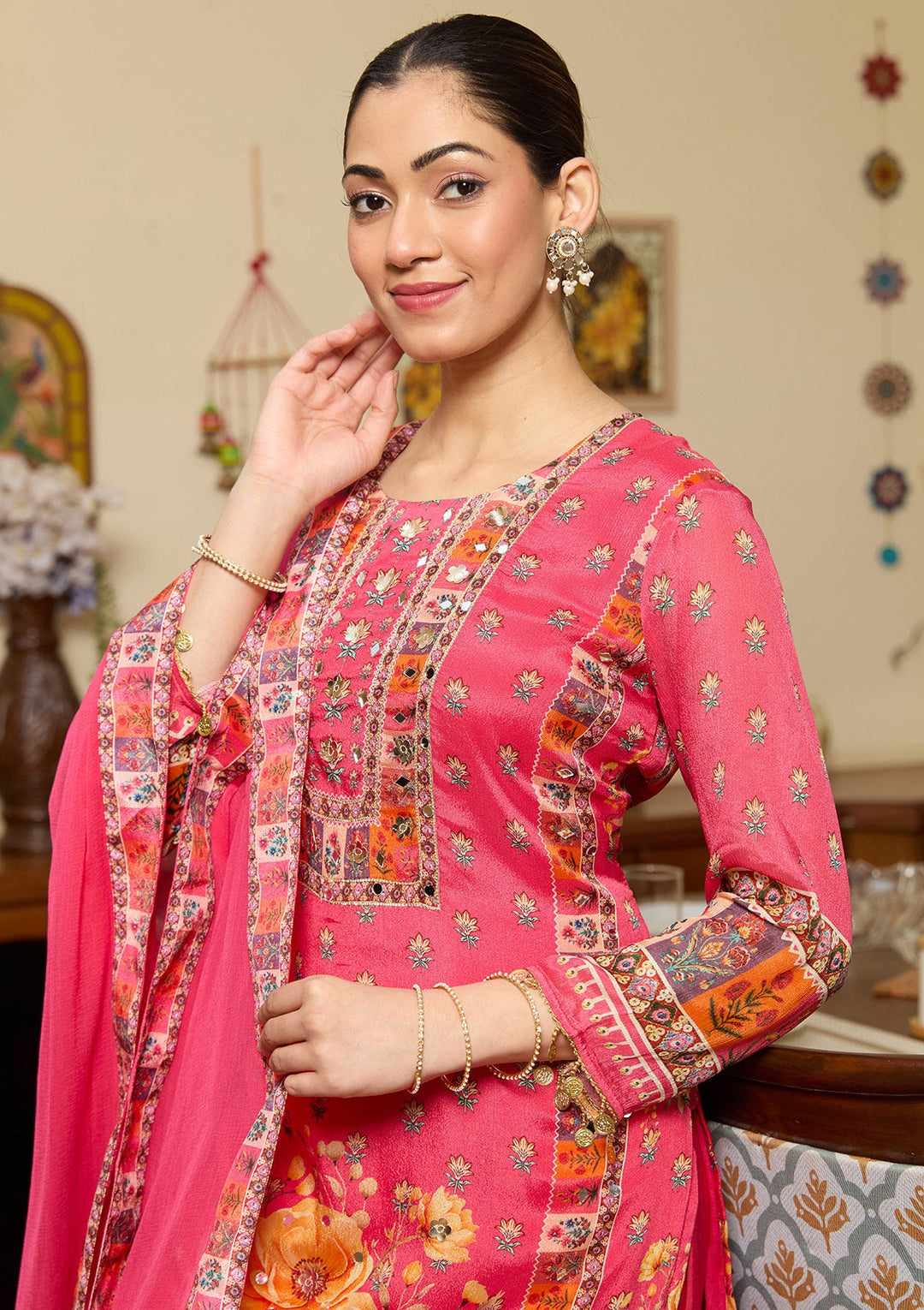 Rani Pink Mirrorwork Crepe Readymade Salwar Suit