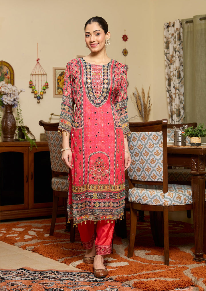 Pink Mirrorwork Crepe Readymade Salwar Suit