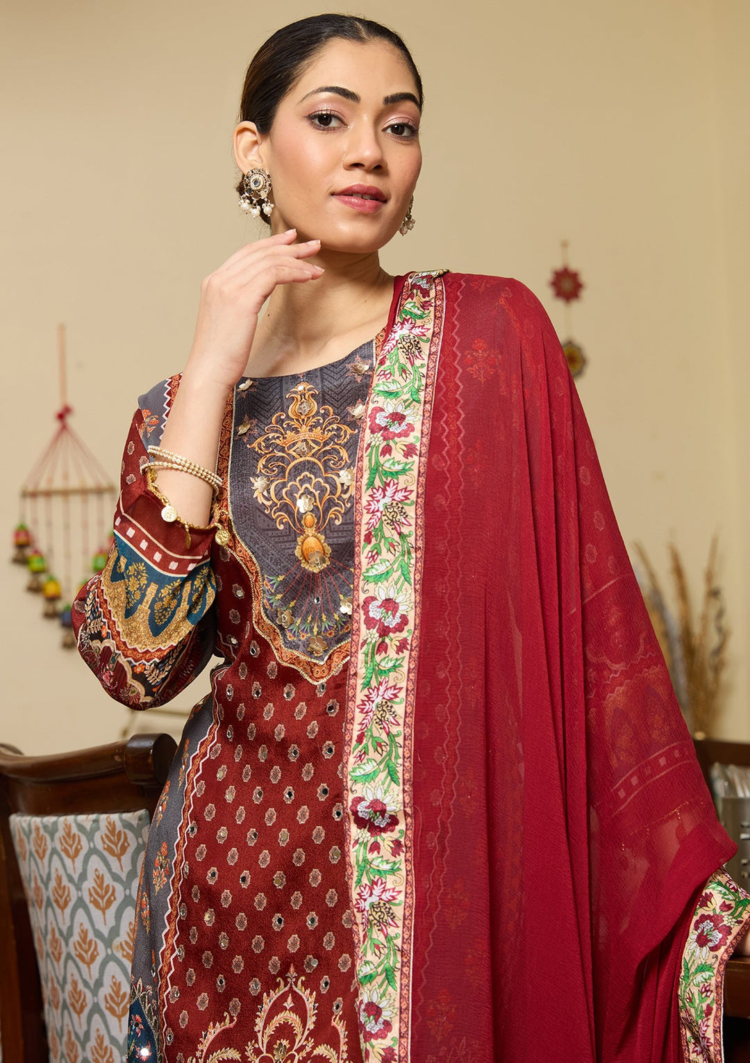 Brown Mirrorwork Crepe Readymade Salwar Suit