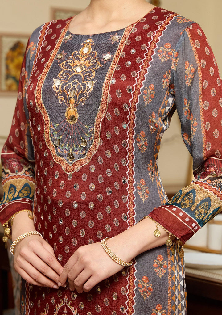 Brown Mirrorwork Crepe Readymade Salwar Suit