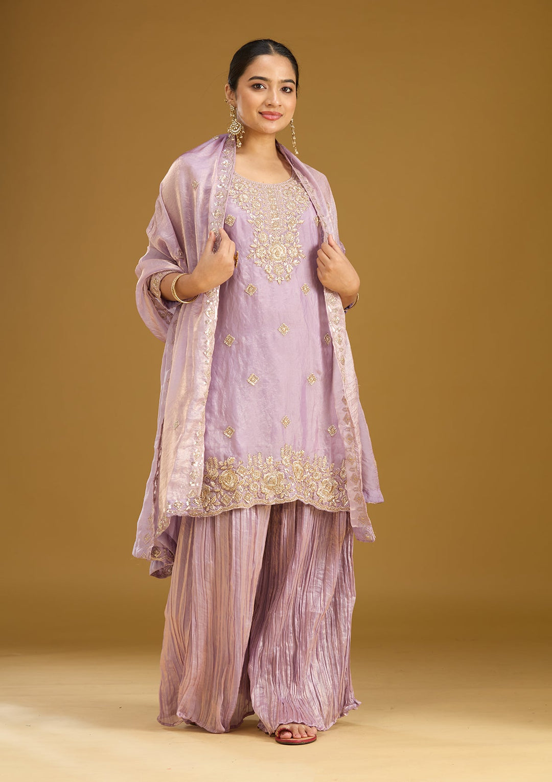 Lavender Threadwork Tissue Readymade Salwar Suit