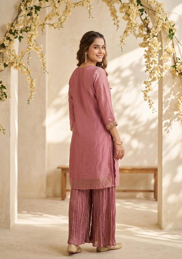Onion Pink Zariwork (Gold) Tissue Readymade Salwar Suit