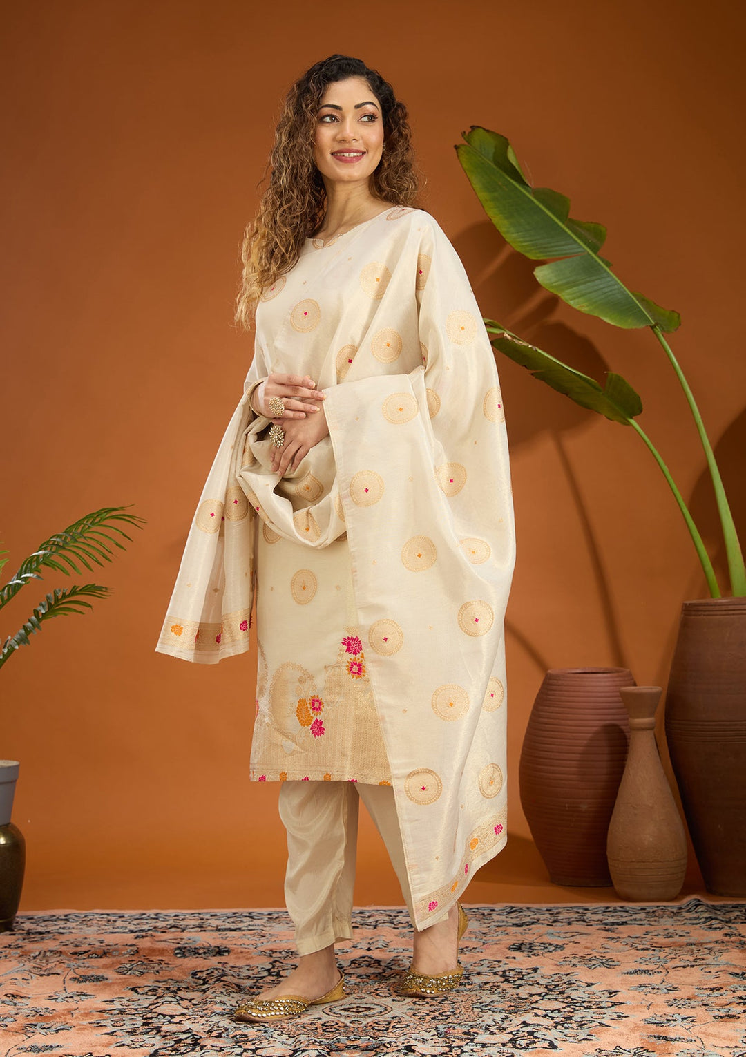 Beige No Work (Plain) Brocade Readymade Salwar Suit