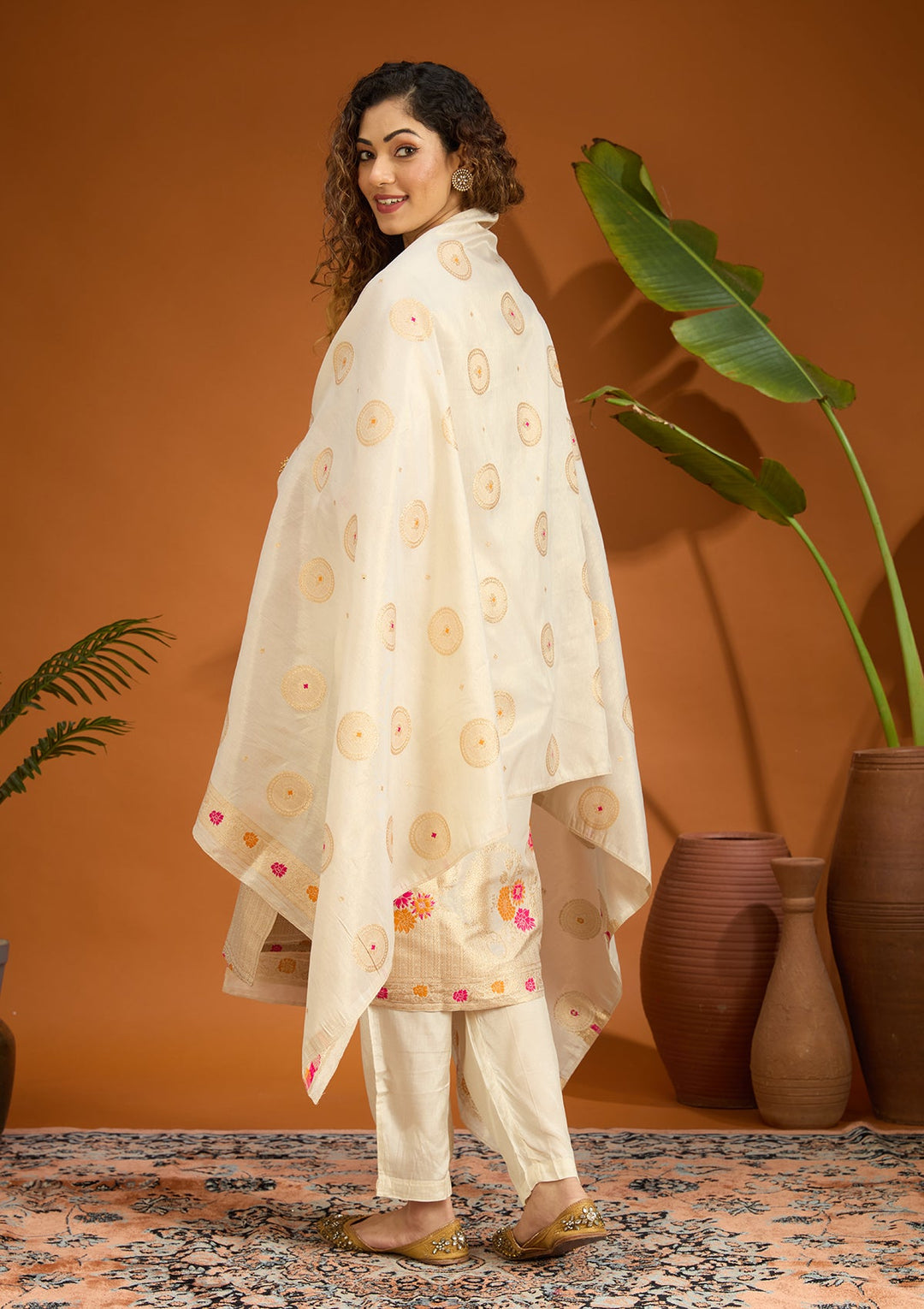 Beige No Work (Plain) Brocade Readymade Salwar Suit