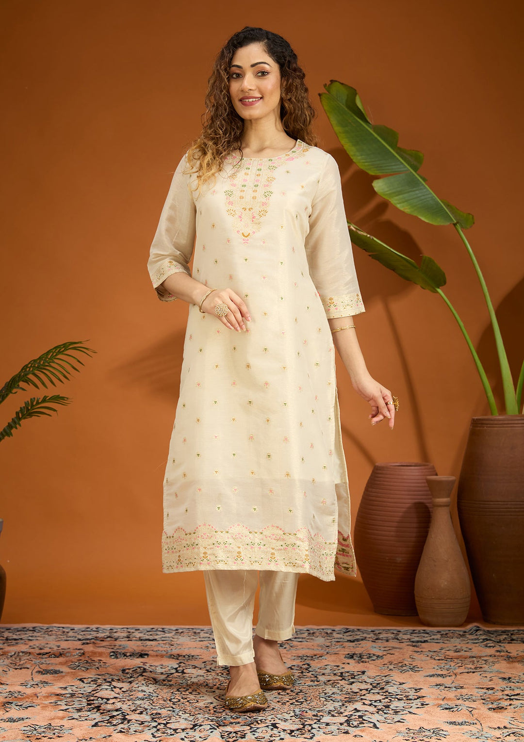 Beige No Work (Plain) Brocade Readymade Salwar Suit