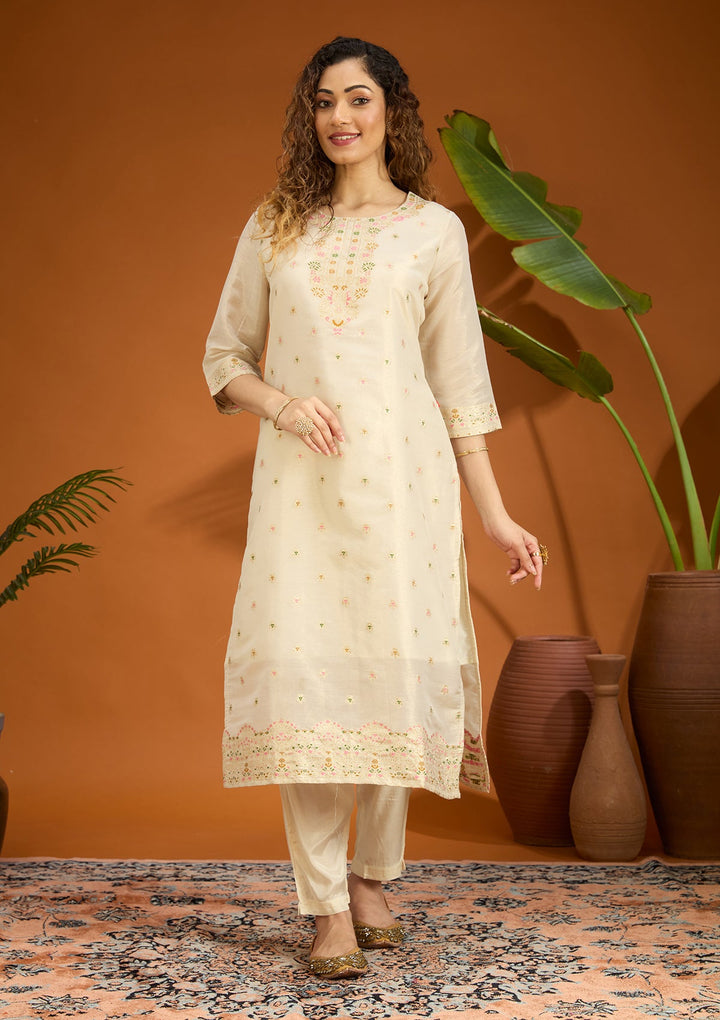 Beige No Work (Plain) Brocade Readymade Salwar Suit