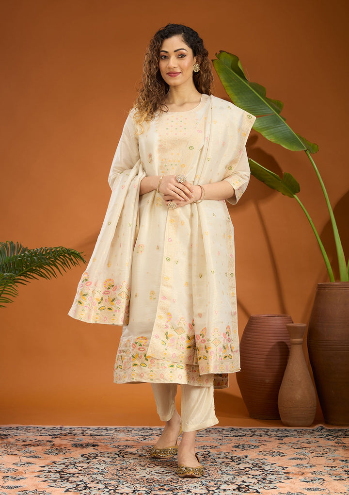 Beige Zariwork Brocade Readymade Salwar Suit